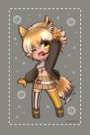  1girl animal_costume animal_ears coyote_(kemono_friends) coyote_ears coyote_girl coyote_tail gloves highres hikarikmy kemono_friends kemono_friends_v_project looking_at_viewer meme necktie open_mouth shirt simple_background skirt smile solo tail virtual_youtuber 