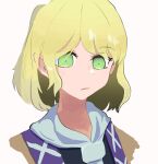  1girl bangs black_shirt blonde_hair brown_shirt closed_mouth commentary_request expressionless eyebrows_visible_through_hair green_eyes highres kanadero looking_at_viewer mizuhashi_parsee portrait scarf shirt short_hair simple_background solo touhou undershirt white_background white_scarf 