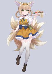  1girl absurdres animal_ear_fluff animal_ears arknights bangs black_choker blonde_hair blue_ribbon boots braid brown_footwear brown_hairband choker closed_mouth collarbone collared_shirt commentary_request dress eyebrows_visible_through_hair food fox_ears fox_girl fox_tail full_body green_eyes grey_background hair_between_eyes hair_rings hairband hand_up highres holding holding_plate hongbaise_raw kyuubi multiple_tails neck_ribbon orange_dress plate puffy_short_sleeves puffy_sleeves ribbon shirt short_sleeves simple_background sleeveless sleeveless_dress smile solo standing standing_on_one_leg suzuran_(arknights) tail thigh-highs thighhighs_under_boots twin_braids white_legwear white_shirt 