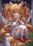  1girl absurdres angel_wings animal_ears ankle_strap bag blonde_hair blurry blurry_foreground blush braid child christmas closed_mouth commentary constricted_pupils eyebrows_visible_through_hair eyelashes full_body gift granblue_fantasy hair_between_eyes hair_ornament hat highres indoors knees_together_feet_apart long_hair looking_at_viewer mahira_(granblue_fantasy) own_hands_clasped own_hands_together pyonsan red_eyes red_footwear red_ribbon ribbon sack shadow shirt sitting skirt smile snow solo split_mouth star_(symbol) star_hair_ornament tilted_headwear twin_braids twintails very_long_hair white_legwear white_shirt white_skirt window wings 