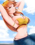  1girl absurdres arched_back armpits arms_behind_head bangs blue_sky breasts brown_eyes clouds crop_top day denim highres jeans jewelry joy_(shenmue) large_breasts long_hair looking_at_viewer midriff navel necklace orange_hair outdoors panties pants panty_peek poolpool shenmue shenmue_ii shenmue_the_animation shirt sitting sky sleeveless solo strap_slip underwear yellow_shirt 