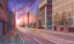  absurdres building city cityscape clouds commentary_request fence hakuurei_amano highres lamppost no_humans original outdoors purple_sky road scenery shadow sky street sunset tree watermark 
