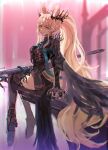  1girl animal_ears arknights armor armored_dress black_dress black_footwear blemishine_(arknights) blemishine_(moon_catastrborn)_(arknights) blonde_hair blurry blurry_background boots brown_eyes closed_mouth dress from_behind full_body gauntlets high_heel_boots high_heels highres horse_ears horse_girl horse_tail long_hair looking_at_viewer looking_back official_alternate_costume pelvic_curtain pink_background roncele sidelocks sitting smile solo sword tail thigh-highs thigh_boots very_long_hair weapon 