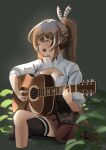  1girl acoustic_guitar bangs brown_corset brown_hair cleavage_cutout closed_eyes clothing_cutout corset crossed_legs dark_background feather_hair_ornament feathers foliage guitar hair_ornament hairclip highres hololive hololive_english instrument leaf long_hair music nanashi_mumei playing_instrument ponytail red_skirt shirt singing single_thighhigh sitting skirt solo thigh-highs very_long_hair virtual_youtuber white_shirt yamaharu_(xxzf7284) 