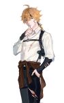  1boy ahoge arm_at_side arm_guards asymmetrical_sleeves bangs black_pants blonde_hair blood blood_on_arm blood_on_chest blood_on_face blood_on_hands blood_on_leg brown_jacket clothes_around_waist collared_shirt cowboy_shot cuts donaldakron dress_shirt finger_to_mouth genshin_impact green_eyes gun hair_between_eyes hand_up handgun headband highres holster holstered_weapon injury jacket jacket_around_waist jewelry legs_together long_sleeves looking_at_viewer low_ponytail male_focus medium_hair necklace pants parted_lips pendant ponytail shirt shoulder_holster simple_background solo thoma_(genshin_impact) thumbs_up torn_clothes torn_pants torn_shirt weapon white_background white_shirt 
