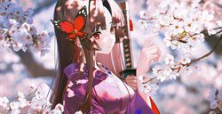  1girl bangs blurry blurry_background breasts brown_hair butterfly_hair_ornament closed_mouth copyright_request eyebrows_visible_through_hair floral_print flower_request hair_ornament hands_up highres holding holding_sword holding_weapon japanese_clothes katana kimono kinty long_hair long_sleeves medium_breasts multicolored_clothes multicolored_kimono parted_bangs pink_kimono red_eyes shiny shiny_hair solo sword weapon 