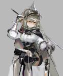  1girl arknights arm_up armored_boots bangs black_cape black_shorts boots breasts bright_pupils brown_hair cape crossed_legs enne_kl eyebrows_visible_through_hair fartooth_(arknights) feather_trim feet_out_of_frame gauntlets grey_background grey_footwear high-waist_shorts highres holding holding_sword holding_weapon knee_boots knee_pads long_hair looking_at_viewer medium_breasts orange_eyes shirt shorts simple_background solo sword thigh_strap v-shaped_eyebrows very_long_hair visor_(armor) weapon white_shirt 