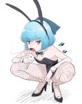  1girl :o animal_ears bangs black_footwear black_legwear black_leotard blue_bow blue_bowtie blue_eyes blue_hair blue_nails bow bowtie breasts cigarette cirno delinquent detached_collar eyebrows_visible_through_hair fishnet_legwear fishnets frogsnake full_body hair_bow hairband highleg highleg_leotard ice ice_wings leotard looking_at_viewer nail_polish open_mouth pantyhose playboy_bunny rabbit_ears short_hair simple_background small_breasts smoke smoking solo spread_legs squatting strapless strapless_leotard teeth touhou traditional_bowtie upper_teeth white_background wing_collar wings wrist_cuffs 