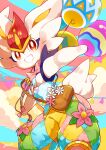  absurdres bag balloon bright_pupils brown_bag cinderace clothed_pokemon commentary_request flower grin highres looking_at_viewer minamo_(pixiv17726065) overalls pokemon pokemon_(creature) red_eyes shoulder_bag smile solo white_flower white_fur white_pupils 