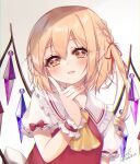  1girl :d absurdres alternate_hairstyle artist_name ascot bangs blonde_hair blush crystal eyebrows_visible_through_hair fang flandre_scarlet frilled_shirt_collar frills hair_between_eyes hair_ribbon hand_up haruki_(colorful_macaron) highres index_finger_raised looking_at_viewer no_hat no_headwear one_side_up pointy_ears puffy_short_sleeves puffy_sleeves red_eyes red_ribbon red_skirt red_vest ribbon shirt short_sleeves signature skirt smile solo touhou upper_body vest white_shirt wings wrist_cuffs 