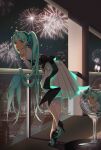  1girl absurdres aerial_fireworks ahoge bangs black_footwear black_hairband blue_hair dress earrings elbow_gloves fireworks floating_hair full_body gloves green_eyes hair_between_eyes hairband hatsune_miku high_heels highres jewelry leaning_forward long_hair looking_at_viewer miku_symphony_(vocaloid) night pleated_dress sleeveless sleeveless_dress solo standing thigh-highs twintails very_long_hair vocaloid white_dress white_gloves white_legwear yaomiaomiao 