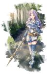  1girl armor blue_footwear boots breastplate character_request circlet closed_mouth dress fingerless_gloves fire_emblem fire_emblem:_the_blazing_blade floating_hair florina_(fire_emblem) forest full_body fuussu_(21-kazin) gloves holding holding_polearm holding_weapon lens_flare long_hair looking_at_viewer nature polearm purple_hair short_dress shoulder_armor smile solo standing straight_hair sunlight thigh-highs thigh_boots weapon white_gloves yellow_eyes 