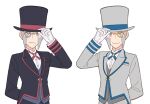  2boys black_headwear black_pants buttons closed_mouth collared_shirt emmet_(pokemon) gloves grey_eyes grey_hair grey_headwear grey_pants grey_vest hand_on_headwear hat highres ingo_(pokemon) jaho long_sideburns long_sleeves looking_at_viewer male_focus monocle multiple_boys neck_ribbon official_alternate_costume pants pokemon pokemon_(game) pokemon_masters_ex ribbon shirt short_hair sideburns smile tailcoat top_hat vest white_gloves white_shirt 