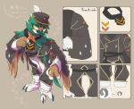  belt black_belt chevrons clothed_pokemon commentary_request decidueye grey_background hat hatted_pokemon highres long_sleeves no_humans pkpokopoko3 pokemon pokemon_(creature) red_pupils solo standing talons translation_request yellow_eyes 