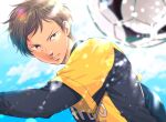 1boy ao_ashi asari_marchs_jun ball blurry blurry_foreground brown_eyes brown_hair clouds day ika_choco looking_at_viewer outdoors soccer_ball soccer_uniform solo sportswear upper_body 