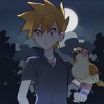  1boy animal_on_arm bangs bird bird_on_arm black_shirt blue_oak brown_eyes brown_hair clouds collared_shirt eyebrows_visible_through_hair highres jewelry male_focus moon necklace night outdoors pidgey pokemon pokemon_(creature) pokemon_(game) pokemon_frlg pokemon_on_arm rata_(m40929) shirt short_hair short_sleeves sky spiky_hair symbol-only_commentary upper_body wristband 