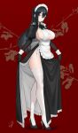  1girl alternate_costume apron bangs black_dress black_footwear black_gloves black_hair breasts classy-black-haired_girl_(hayabusa) closed_mouth clothing_cutout dress elbow_gloves enmaided frills from_side full_body gloves hair_between_eyes hayabusa high_heels highres large_breasts long_hair looking_at_viewer maid maid_apron maid_headdress mole mole_under_mouth original red_background side_slit signature skirt_hold smile solo standing thigh-highs thighs underboob_cutout violet_eyes white_legwear 