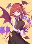  1girl bat black_skirt blush book book_stack breasts demon_girl demon_tail demon_wings e_sdss eyebrows_visible_through_hair head_wings highres holding holding_book koakuma long_hair long_sleeves looking_at_animal medium_breasts necktie open_mouth pointy_ears red_eyes redhead shirt simple_background skirt solo sweatdrop tail touhou vest white_shirt wings yellow_background 