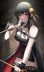  1girl bare_shoulders black_dress black_hair breasts dagger dress earrings gold_earrings gold_hairband highres holding holding_dagger holding_weapon jewelry knife large_breasts long_hair po_ppe rose_hair_ornament spy_x_family weapon yor_briar 