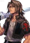  1boy black_jacket brown_hair closed_mouth cropped_jacket final_fantasy final_fantasy_viii gun hankuri holding holding_gun holding_weapon jacket jewelry looking_at_viewer male_focus necklace open_clothes open_jacket revolver scar scar_on_face shirt simple_background solo squall_leonhart violet_eyes weapon white_background white_shirt 