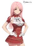  1girl aiguillette armpit_cutout breasts clothing_cutout contrapposto cowboy_shot hands_on_hips highres kantai_collection long_hair luigi_di_savoia_duca_degli_abruzzi_(kancolle) medium_breasts military military_uniform one-hour_drawing_challenge pink_eyes pink_hair red_skirt simple_background skirt solo twitter_username uniform white_background yamano_rita 