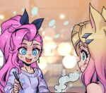  2girls :d ahri_(league_of_legends) bangs black_bow blonde_hair blue_eyes blurry blurry_background bow breasts chopsticks collarbone eating facial_mark food hair_bow holding holding_chopsticks k/da_all_out_ahri k/da_all_out_seraphine_indie league_of_legends long_sleeves multiple_girls phantom_ix_row pink_hair seraphine_(league_of_legends) shiny shiny_hair small_breasts smile steam teeth upper_teeth whisker_markings 