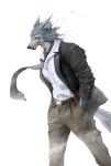  1boy absurdres beastars belt black_jacket brown_pants clenched_teeth collared_shirt dress_shirt feet_out_of_frame fog furry furry_male grey_necktie hands_in_pockets highres jacket legoshi long_sleeves looking_afar male_focus necktie open_clothes open_jacket pants severed_hair shirt simple_background solo teeth walking white_background white_shirt wind wolf_boy zzhenliu 