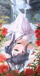  1girl absurdres black_hair blush breasts brown_eyes collar copyright_request dress flower highres k.j. long_hair looking_at_viewer lying lying_on_water open_mouth outdoors red_flower solo virtual_youtuber water waterfall white_dress 