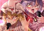  2girls \m/ absurdres blonde_hair breasts brooch buttons close-up collared_shirt commentary_request dress_shirt eyebrows_visible_through_hair face fangs flandre_scarlet frilled_shirt_collar frills hair_between_eyes hat highres holding holding_microphone jewelry looking_at_viewer lower_teeth maboroshi_mochi microphone mob_cap multiple_girls nail_polish open_mouth orange_eyes pink_background pink_headwear pink_shirt puffy_short_sleeves puffy_sleeves purple_hair red_nails remilia_scarlet shirt short_sleeves small_breasts teeth tongue tongue_out touhou upper_teeth v-shaped_eyebrows white_headwear white_shirt yellow_brooch 