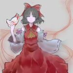  1girl akitsu_(davis0527dx) bangs bow brown_hair collarbone detached_sleeves dress expressionless fox_mask hakurei_reimu looking_to_the_side mask mask_removed medium_hair red_dress simple_background solo string string_of_fate touhou wavy_hair 