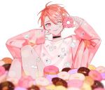  1boy choker doughnut food highres holding holding_food long_sleeves looking_to_the_side male_focus maruyama_reo nail_polish nyamnyam0502 one_eye_closed paradox_live red_eyes redhead short_hair solo sticker sticker_on_face white_background 