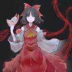  1girl akitsu_(davis0527dx) bangs bow brown_hair collarbone detached_sleeves dress expressionless fox_mask hakurei_reimu looking_to_the_side mask mask_removed medium_hair red_dress simple_background solo string string_of_fate touhou wavy_hair 