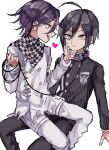  2boys :d ahoge bangs black_jacket brown_eyes buttons checkered_clothes checkered_scarf danganronpa_(series) danganronpa_v3:_killing_harmony double-breasted eyebrows_visible_through_hair feet_out_of_frame grey_jacket grey_pants hair_between_eyes heart highres holding jacket leash long_sleeves looking_at_another male_focus multiple_boys on_lap ouma_kokichi pants saihara_shuuichi scarf shiny shiny_hair simple_background sitting smile sweatdrop teeth upper_teeth white_background yumachansan 
