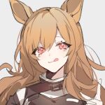  1girl animal_ears arknights bangs brown_hair ceobe_(arknights) chinese_commentary closed_mouth commentary_request dog_ears dog_girl grey_background licking_lips long_hair looking_at_viewer pink_eyes portrait simple_background sketch smile solo tongue tongue_out v yusa_(yusa0751) 