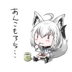  1girl ahoge animal_ear_fluff animal_ears bangs black_footwear black_legwear black_shorts blue_neckerchief blush braid chibi commentary_request cup detached_sleeves eating eyebrows_visible_through_hair fork fox_ears fox_girl fox_tail hair_between_eyes highres holding holding_fork holding_plate hololive hood hoodie kumab long_hair looking_at_viewer mochi neckerchief plate shirakami_fubuki short_shorts shorts sidelocks simple_background single_braid single_thighhigh sitting solo tail thigh-highs thigh_strap translation_request utensil_in_mouth virtual_youtuber white_background white_hair white_hoodie yunomi |_| 
