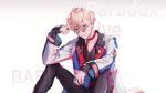  1boy copyright_name ear_piercing glasses highres jacket jewelry long_sleeves looking_at_viewer male_focus multicolored_clothes multicolored_jacket nyamnyam0502 pants paradox_live piercing pink_hair red_eyes ring short_hair solo sunglasses white_background yeon_hajun 