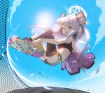  1girl absurdly_long_hair absurdres animal_ears artist_request bangs blue_archive bow crop_top ear_tag grey_hair highres long_hair mouse_ears mouse_girl saya_(blue_archive) skateboard skateboarding solo sweater very_long_hair 