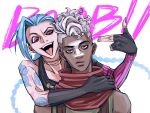 1boy 1girl annoyed arcane:_league_of_legends arcane_jinx arm_tattoo asymmetrical_bangs bangs black_gloves collarbone d_(xxl30433461) dark-skinned_male dark_skin ekko_(league_of_legends) facial_mark fangs fingerless_gloves firelight_ekko gloves green_hair grey_hair highres jinx_(league_of_legends) league_of_legends looking_at_viewer open_mouth pink_eyes red_scarf scarf short_hair shoulder_tattoo smile striped_sleeves tattoo teeth tongue tongue_out upper_body upper_teeth white_background 