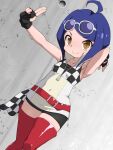  1girl ahoge armpits belt bike_shorts blue_hair brown_eyes eyebrows_visible_through_hair fingerless_gloves flat_chest gloves highres jacket jane_(ninjala) multicolored_clothes multicolored_jacket ninjala nurugamer-kouyouju red_legwear short_hair solo zipper 