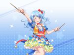bang_dream! blue_hair blush dress drumsticks long_hair matsubara_kanon official_art smile violet_eyes wink
