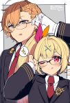  1boy 1girl :q adjusting_eyewear ahoge alternate_costume bangs bespectacled black_jacket blazer blonde_hair blue_eyes commentary_request dress_shirt earrings glasses gloves hair_between_eyes hair_ornament hair_ribbon highres hoshikawa_sara jacket jewelry long_sleeves looking_at_viewer necktie neo-porte nijisanji one_eye_closed orange_hair orange_ribbon pink_ribbon red_eyes red_necktie ribbon shibuya_hal shirt side_ponytail speech_bubble tokumei_nozomi_nozomu tongue tongue_out twitter_username two-tone_background upper_body virtual_youtuber white_gloves white_shirt x_hair_ornament 