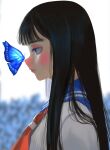  1girl bangs black_hair blue_butterfly blue_eyes blue_sailor_collar blurry blurry_background bug butterfly closed_mouth expressionless from_side grey_shirt long_hair neckerchief orange_neckerchief original portrait profile revision sailor_collar school_uniform shirt solo yamamimio 
