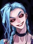  1girl bangs black_background black_choker braid choker cloud_tattoo d_(xxl30433461) green_hair grin highres jinx_(league_of_legends) league_of_legends long_hair looking_at_viewer pink_eyes portrait red_lips shiny shiny_hair shoulder_tattoo smile solo tattoo teeth twin_braids twintails 