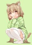  1girl :p animal_ear_fluff animal_ears blush brown_hair cat_ears cat_girl cat_tail child commentary constricted_pupils eyebrows_visible_through_hair eyelashes frilled_skirt frills full_body green_background green_sleeves green_sweater hair_between_eyes hair_ornament hands_on_own_face highres long_hair long_sleeves looking_at_viewer no_shoes orange_eyes original scrunchie shadow simple_background skirt solo sora_(silent_square) squatting sweater tail thigh-highs thighs tongue tongue_out twintails very_long_hair white_legwear white_skirt 