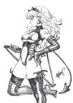  1girl bare_shoulders boots breasts copyright_request earrings elbow_gloves fake_horns fishine gloves greyscale high_heel_boots high_heels highres horns jewelry large_breasts long_hair monochrome navel signature solo symbol-only_commentary thigh-highs thigh_boots whip 