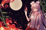  1girl absurdres bamboo bow chinese_commentary collarbone commentary eyebrows_behind_hair fingernails fire fujiwara_no_mokou full_moon grey_hair hair_between_eyes hair_bow hand_in_pocket hand_up highres long_hair long_sleeves looking_at_viewer moon pants parted_lips red_eyes red_pants shirt smile solo suspenders touhou tsurime upper_body very_long_hair white_bow white_shirt yongzhe_mei_hong 