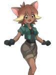  1girl absurdres animal_ears animal_nose antenna_hair bangs belt black_gloves black_shirt blonde_hair blush body_fur bomberman bomberman_jetters breast_pocket breasts brown_eyes brown_fur brown_hair brown_shorts cat_ears cat_girl clenched_hands commentary_request covered_navel cropped_vest eyebrows_visible_through_hair fang furry furry_female gloves green_vest happy highres looking_at_viewer medium_breasts misty_(bomberman) multicolored_hair open_clothes open_mouth open_vest partial_commentary pocket shirt short_hair short_sleeves shorts shoukin500 sidelocks simple_background smile solo standing two-tone_hair vest white_background 