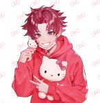  1boy blush hello_kitty hello_kitty_(character) highres male_focus mask_pull multicolored_background nail_polish nyamnyam0502 object_hug paradox_live pink_background red_eyes redhead solo stuffed_animal stuffed_toy sugasano_allen v white_background 