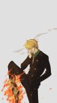  1boy blonde_hair fire formal from_side hair_over_eyes hand_in_pocket leg_lift male_focus nekome3 one_piece sanji simple_background smoking solo standing suit 