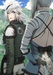  absurdres arm_behind_back back back_bow bandaged_arm bandages black_gloves bow braid butt_crack flower frills from_behind fur_trim gloves hair_ornament highres kaine_(nier) looking_at_another looking_back nier nier_(series) nier_(young) silver_hair standing zerusu_(gelus) 